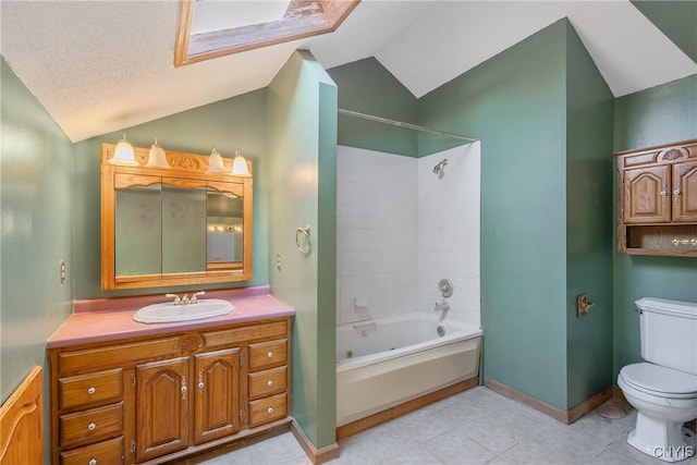 full bath with toilet, bathing tub / shower combination, vanity, vaulted ceiling, and baseboards