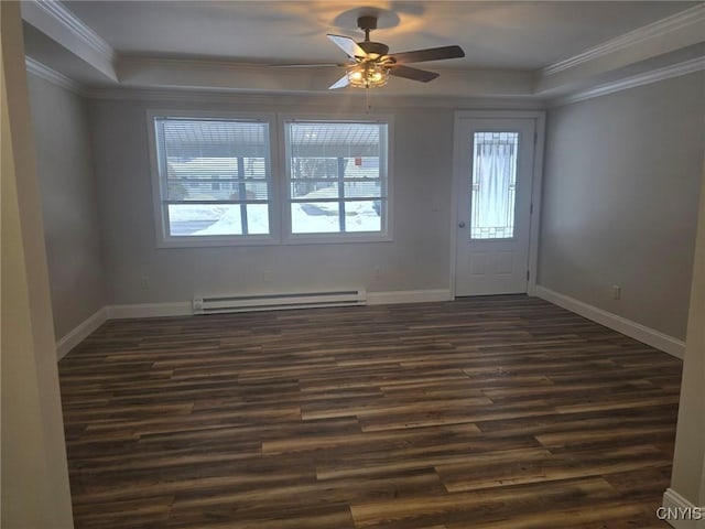 entrance foyer with ceiling fan, a baseboard radiator, dark wood-type flooring, baseboards, and ornamental molding