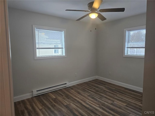 unfurnished room with a baseboard radiator, dark wood finished floors, and baseboards