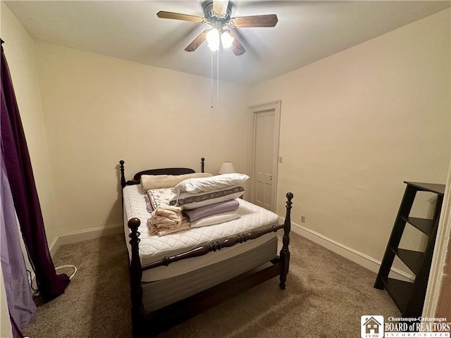 carpeted bedroom featuring a ceiling fan and baseboards