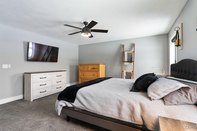 bedroom featuring carpet, ceiling fan, and baseboards