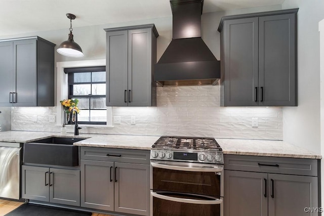 kitchen featuring custom range hood, appliances with stainless steel finishes, and gray cabinets