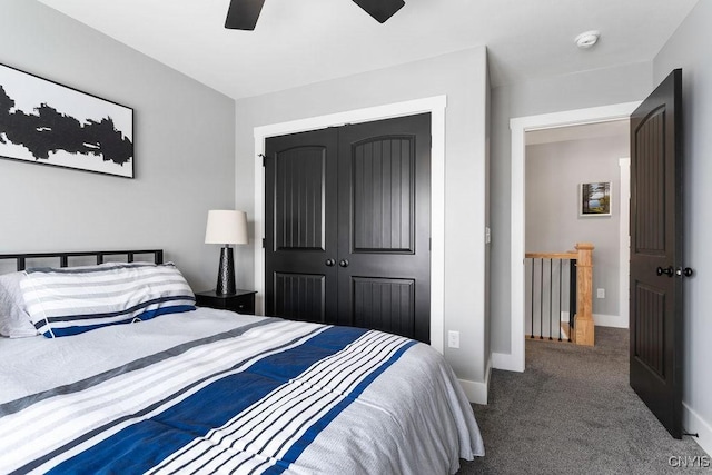 carpeted bedroom featuring a ceiling fan, baseboards, and a closet