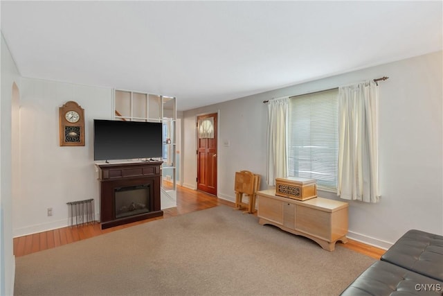 living area featuring a fireplace, baseboards, and wood finished floors