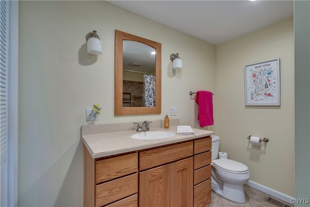 full bathroom with tile patterned flooring, toilet, vanity, visible vents, and baseboards