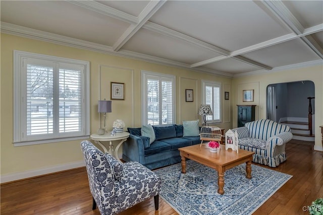 living room with arched walkways, coffered ceiling, baseboards, beamed ceiling, and wood-type flooring