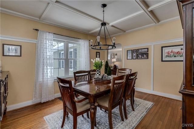 dining space with a notable chandelier, coffered ceiling, hardwood / wood-style flooring, and baseboards