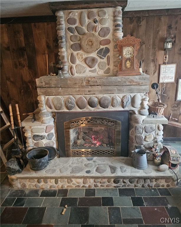 interior details featuring wood walls and a stone fireplace