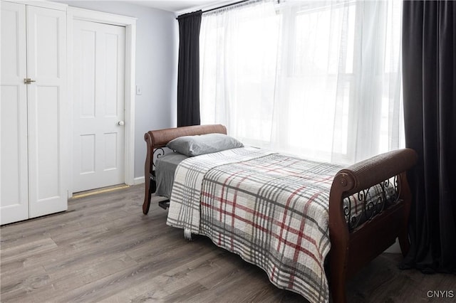 bedroom with multiple windows and wood finished floors