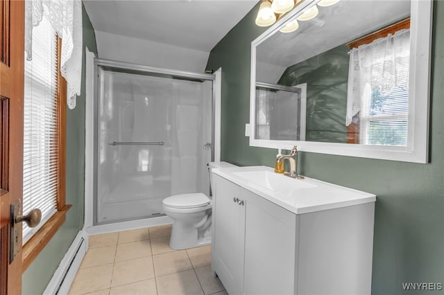 full bath with a baseboard radiator, tile patterned flooring, a shower stall, and vanity