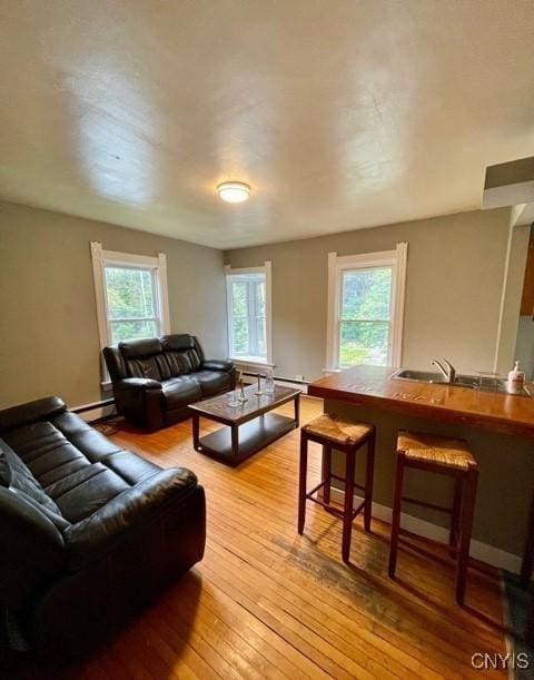 living room with a baseboard heating unit and light wood-type flooring