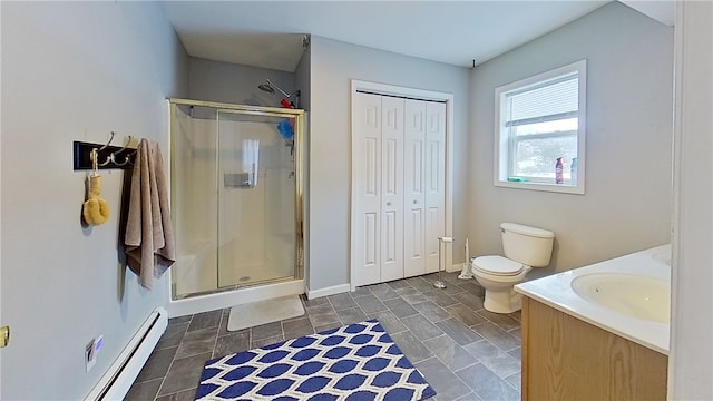 full bathroom with a baseboard heating unit, a stall shower, a closet, and toilet