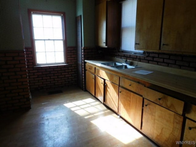 325 Ontario St, Lockport-City, NY 14094 - bathroom with brick wall, a healthy amount of sunlight, and a sink