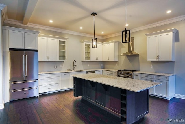 kitchen with a sink, dark wood-style floors, a center island, wall chimney range hood, and high end appliances