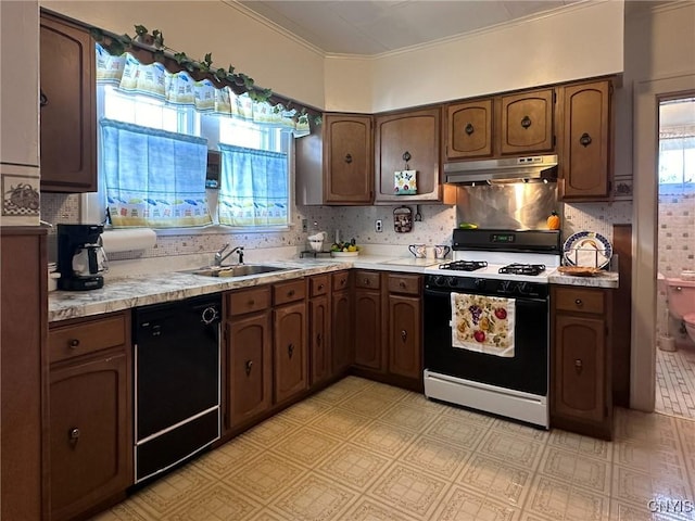 kitchen with plenty of natural light, dishwasher, range with gas cooktop, under cabinet range hood, and a sink