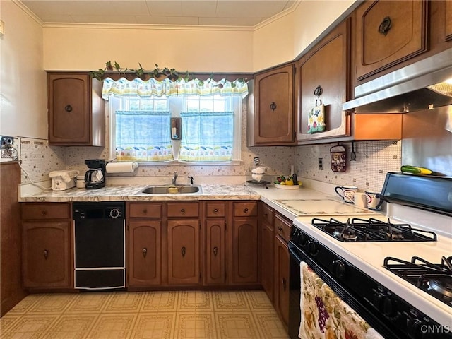 kitchen with range with gas stovetop, range hood, light countertops, a sink, and dishwasher