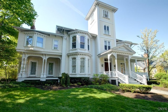 italianate-style house featuring a front yard, covered porch, and a chimney