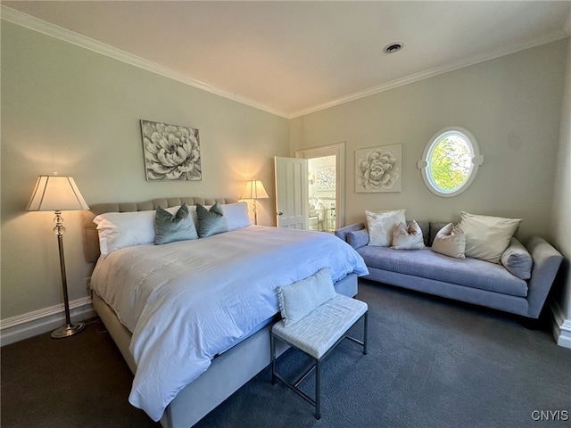 carpeted bedroom with baseboards, visible vents, and crown molding