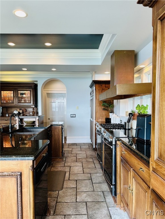 kitchen with a raised ceiling, electric stove, island exhaust hood, stone tile flooring, and open shelves