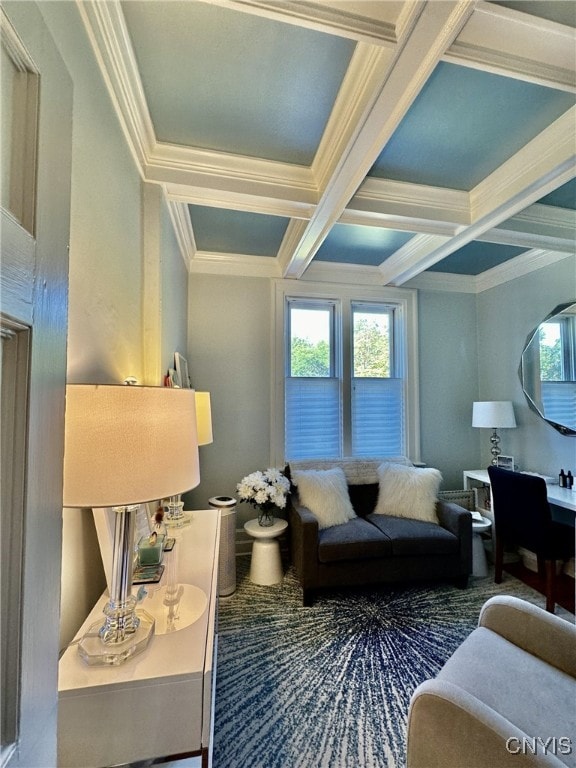 living area with ornamental molding, coffered ceiling, beamed ceiling, and carpet flooring