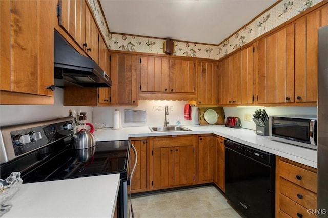 kitchen with black dishwasher, range with electric stovetop, stainless steel microwave, a sink, and under cabinet range hood