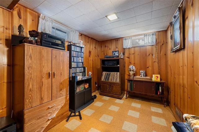 interior space featuring wooden walls and light floors