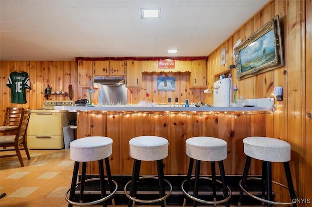 bar featuring indoor wet bar, light floors, washer / clothes dryer, freestanding refrigerator, and under cabinet range hood