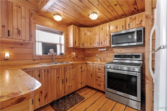 kitchen with wooden ceiling, a sink, light wood-style floors, light countertops, and appliances with stainless steel finishes