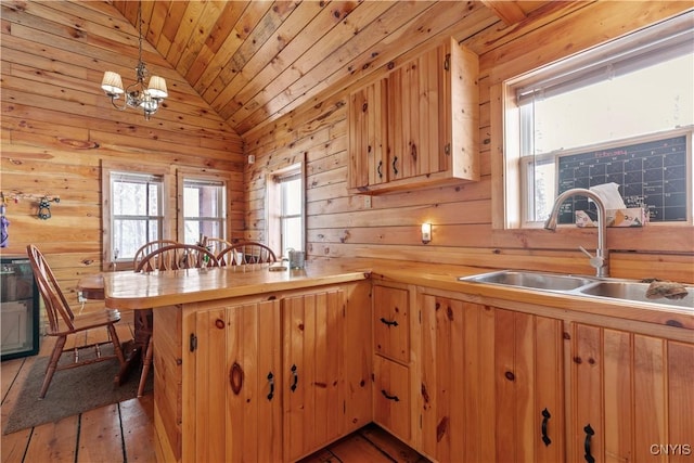 kitchen with wooden walls, lofted ceiling, wooden ceiling, a peninsula, and a sink