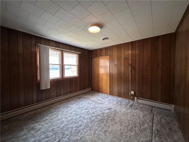 empty room featuring a baseboard heating unit, carpet, visible vents, and wood walls