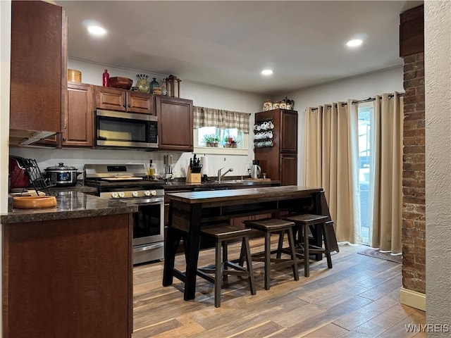 kitchen featuring stainless steel appliances, plenty of natural light, and light wood-style floors