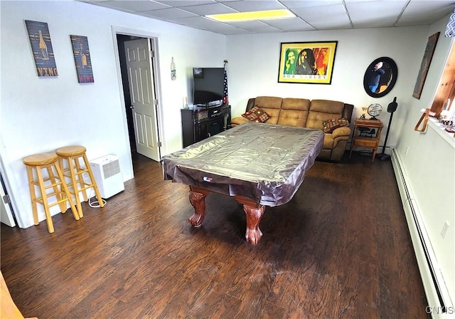 playroom featuring a baseboard radiator, billiards, a drop ceiling, and wood finished floors