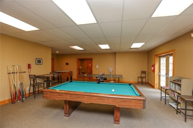 rec room featuring carpet floors, baseboards, a paneled ceiling, and pool table