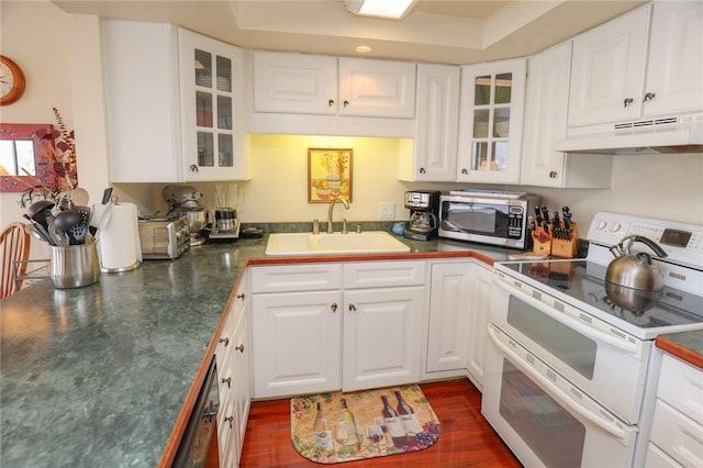 kitchen with range with two ovens, dark countertops, stainless steel microwave, a sink, and under cabinet range hood