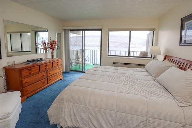 bedroom featuring access to exterior, multiple windows, and carpet flooring