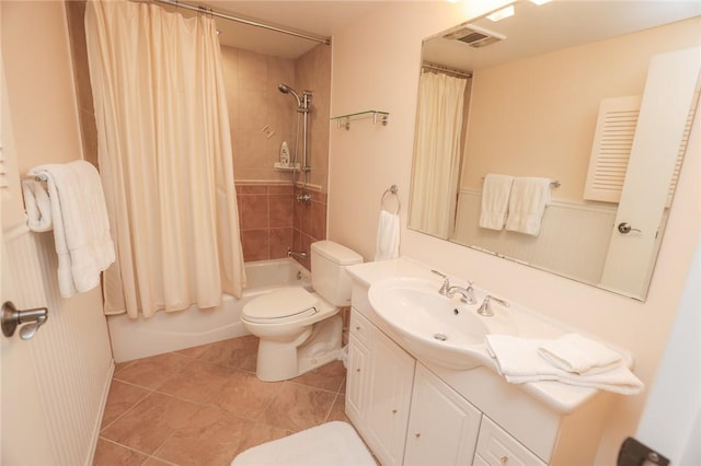 full bath with shower / bath combo, visible vents, toilet, tile patterned flooring, and vanity