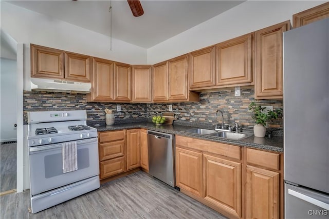 kitchen with stainless steel appliances, dark countertops, a sink, and under cabinet range hood