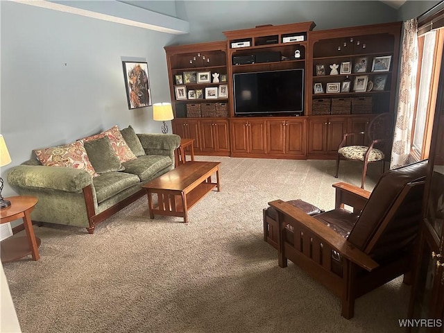 living area featuring light carpet