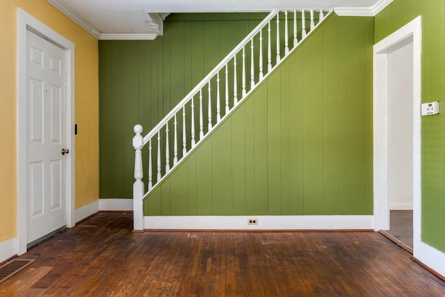903 W 1st St, Elmira, NY 14905 - stairway with hardwood / wood-style floors and crown molding