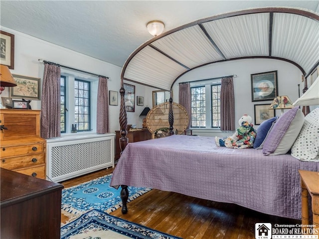 bedroom featuring wood-type flooring, multiple windows, and radiator heating unit