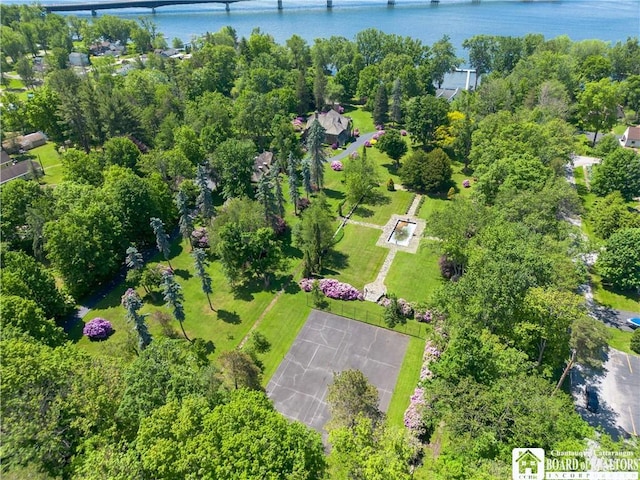 bird's eye view with a water view