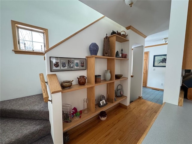 hall with ornamental molding and wood finished floors