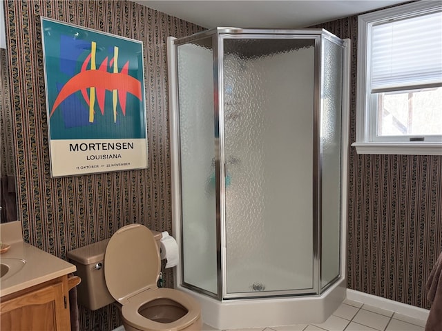 full bath featuring wallpapered walls, a stall shower, and tile patterned floors