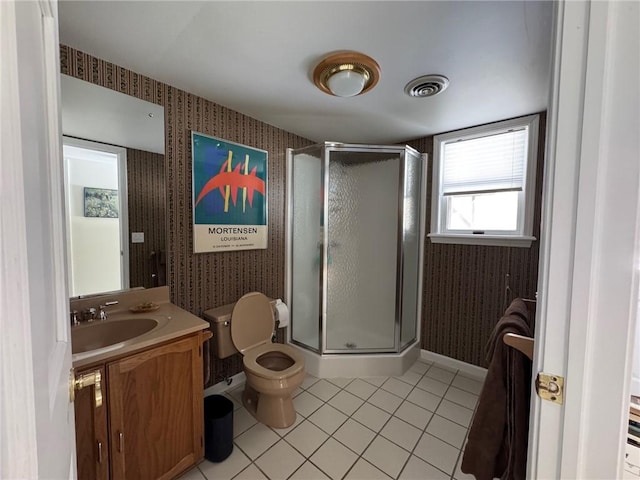 bathroom with wallpapered walls, visible vents, a stall shower, and tile patterned floors