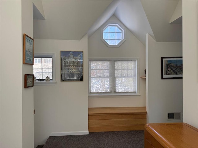 interior space featuring a healthy amount of sunlight, visible vents, and vaulted ceiling