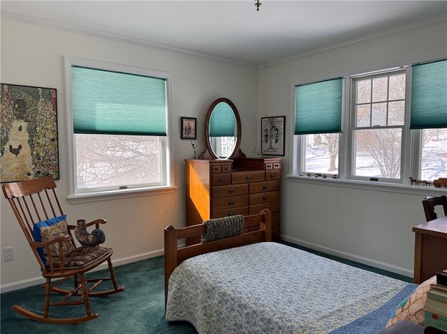 carpeted bedroom featuring ornamental molding and baseboards