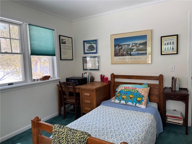 bedroom featuring carpet floors, crown molding, and baseboards