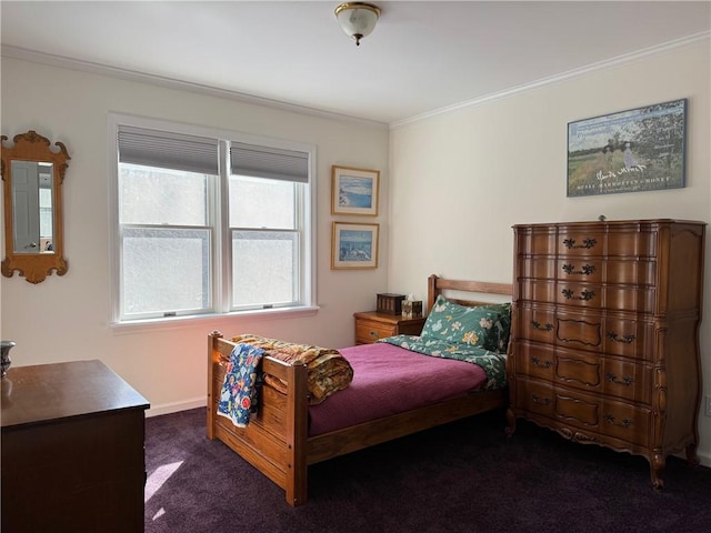 carpeted bedroom with baseboards and ornamental molding