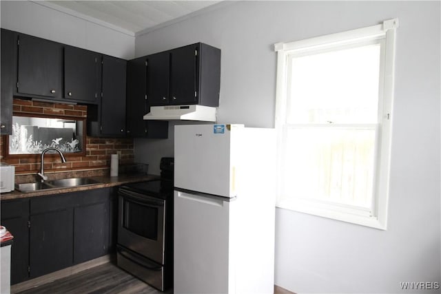 kitchen with under cabinet range hood, dark wood-type flooring, white appliances, a sink, and backsplash