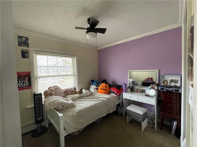 carpeted bedroom featuring a textured ceiling, ceiling fan, baseboard heating, and crown molding